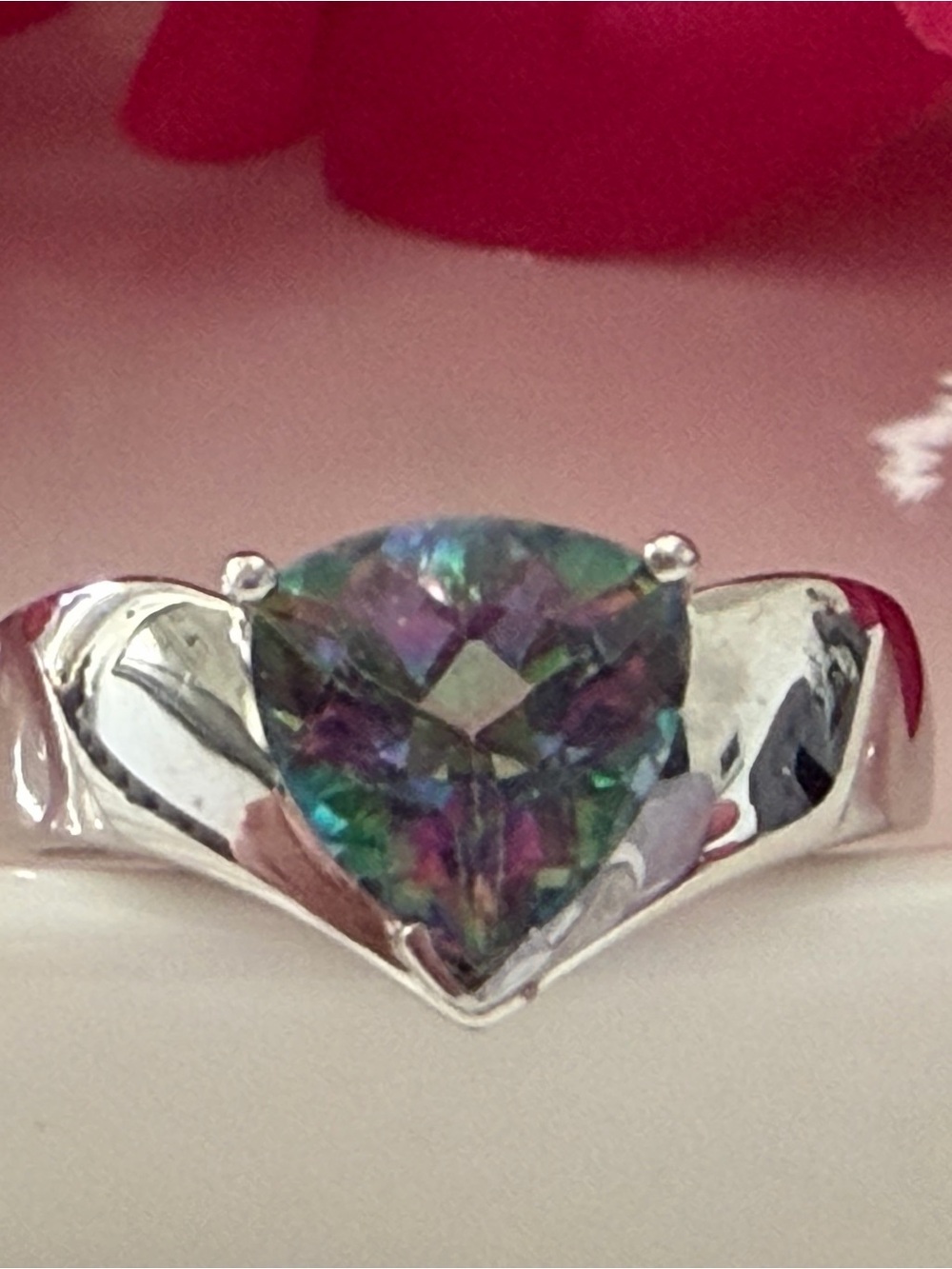 Trillion Cut Mystic Topaz Ring in Green and Purple Hues - Sterling Silver 925